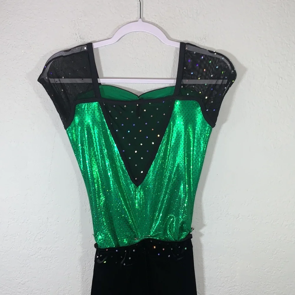 A Wish Come True Yeah! Green Black Leotard Pant Dance Costume Set Girls LC 12-14